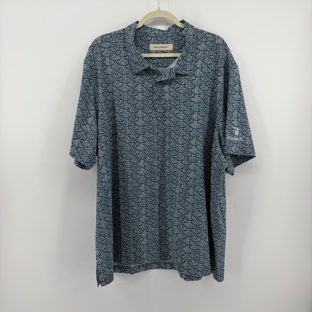 Tommy Bahama Mens XXL Blue Polo Shirt Short Sleeve Geometric Fan Stretch